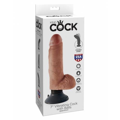 Вибромассажер-реалистик 3 в 1 на присоске загорелый King Cock 7 Vibrating Cock with Balls Tan